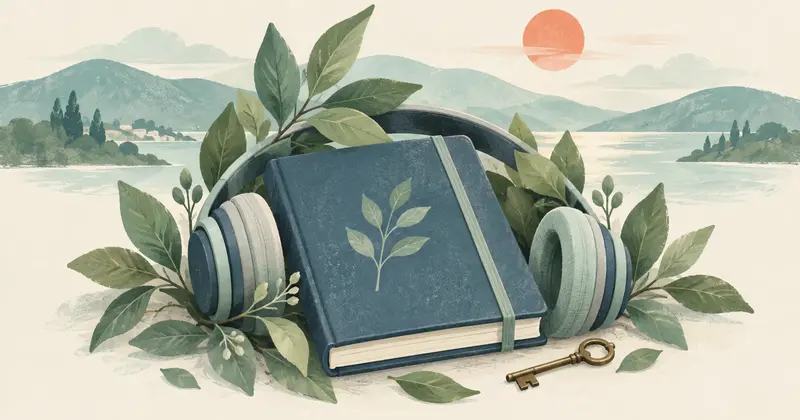 A closed learning journal, headphones, and a small key sheltered by leaves.